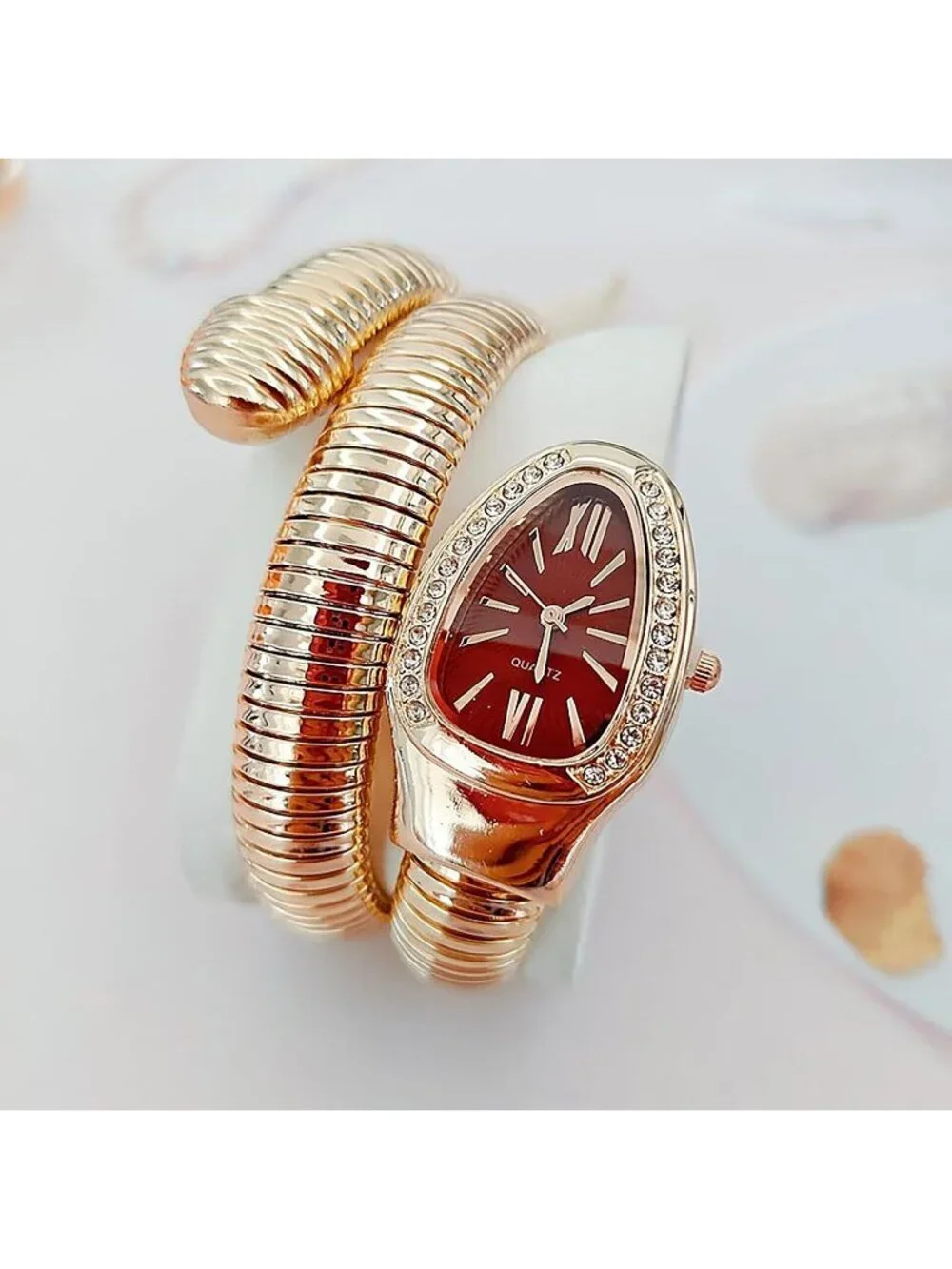 Women's Red Analog Quartz Asymmetrical Snake Shape Bangle Fit Bracelet Watch